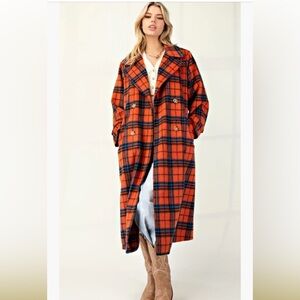 Easel Vibrant Orange Plaid Trench Coat